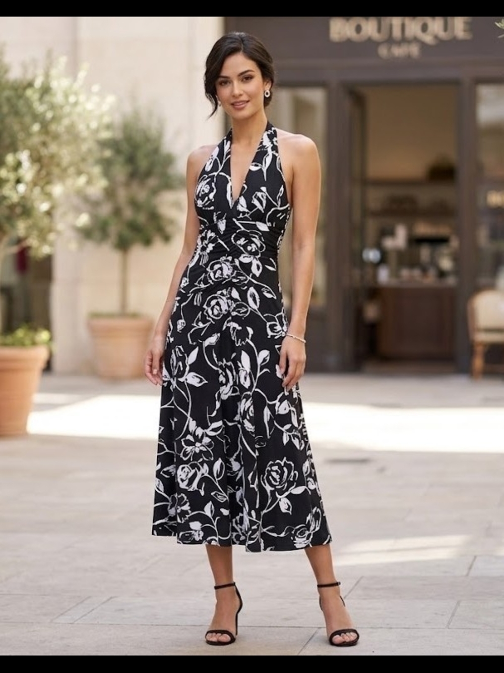 White House Black Market Black & White Halter Floral Midi Dress